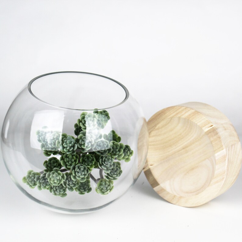 Slant Cut Clear Glass Bowl With Wood Base H8.5 Body Etsy
