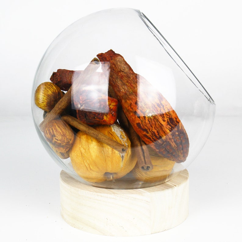 Slant Cut Clear Glass Bowl With Wood Base H8.5 Body Etsy