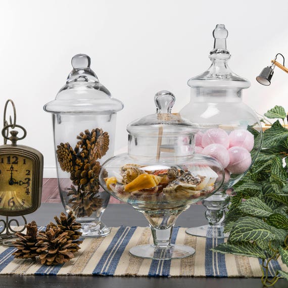 Glass Apothecary Jar Set Of 3 Candy Buffet Jar With Lids Etsy
