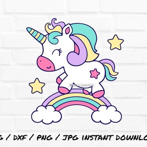 Digital download Unicorn on  rainbow svg png jpg file clipart vector stencil sublimation cricut layered silhouette with star cloud moon