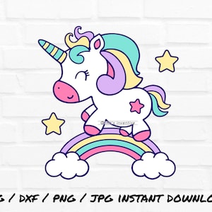 Unicorn on  rainbow svg png jpg file clipart vector stencil sublimation cricut layered silhouette with star cloud moon