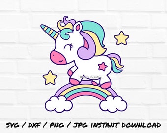 Digital download Unicorn on  rainbow svg png jpg file clipart vector stencil sublimation cricut layered silhouette with star cloud moon