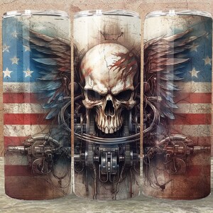 Seamless Skinny Tumbler Wrap calavera de fantasía y bandera Tamaño patriótico 20 / 30 oz sublimación archivo PNG recto y cónico Ver.4
