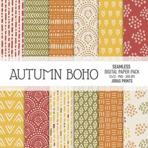 Fall Digital Paper Boho Scrapbook Paper Autumn Digital Paper Pack Fall Seamless Pattern Boho Hand Drawn Background Printable Commercial Use