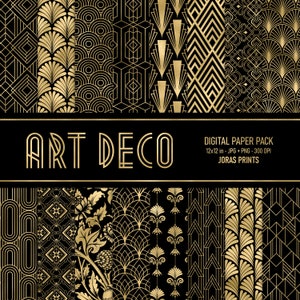 アールデコ デジタル ペーパー、スクラップブック ペーパー パック、レトロなアールデコ パターン、アール ヌーボー、1920 年代、ブラック ゴールドの印刷可能なジャンク ジャーナル、商用利用