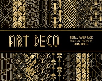 Art Deco Digital Paper, Scrapbook Paper Pack, Retro Art Deco Patterns, Art Nouveau, 1920s, black gold Printable Junk Journal Commercial Use