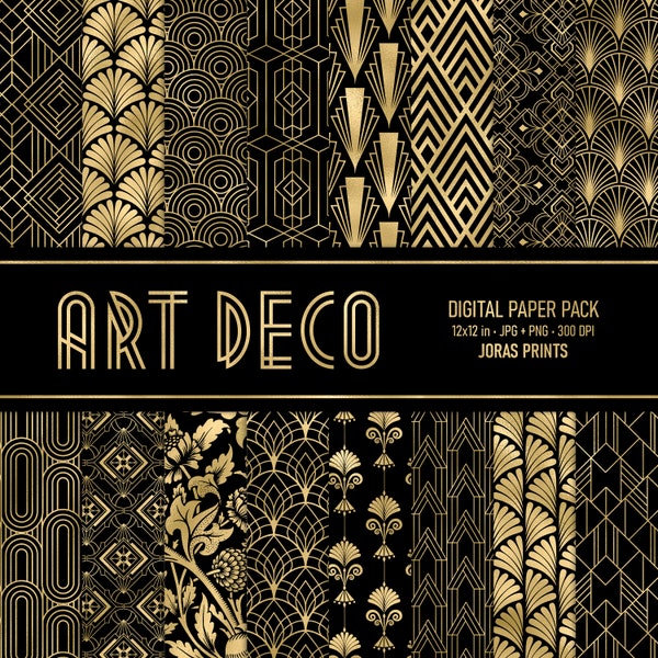 Art Deco Digital Paper, Scrapbook Paper Pack, Retro Art Deco Patterns, Art Nouveau, 1920s, black gold Printable Junk Journal Commercial Use