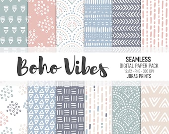 Boho Digital Paper, Doodles Scrapbook Paper, Seamless Patterns, Commercial Use, Hand drawn, Pastel, Blue, Pink, Green, Cream Neutral