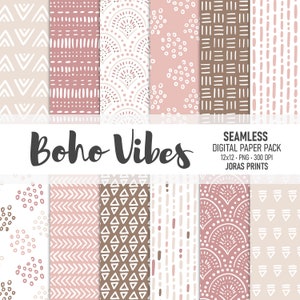 May include: A set of 12 digital paper patterns in pink, brown, and white with geometric and abstract designs. The papers are seamless and perfect for crafting, scrapbooking, and digital projects. The text "Boho Vibes" and "Seamless Digital Paper Pack 12x12 - PNG - 300 DPI Joras Prints" is included in the image.