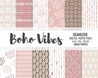 Boho Digital Paper, Doodles Scrapbook Paper, Seamless Patterns, Commercial Use, Hand Drawn Pink Brown Cream Neutral Bohemian Paper Pack