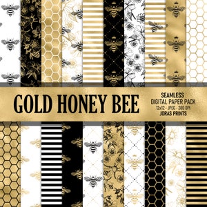 Honey Bee Digital Paper Seamless Pattern Bee Scrapbook Paper Negro y Oro Fondo de abeja Blanco Oro Imprimible Junk Journal Uso comercial