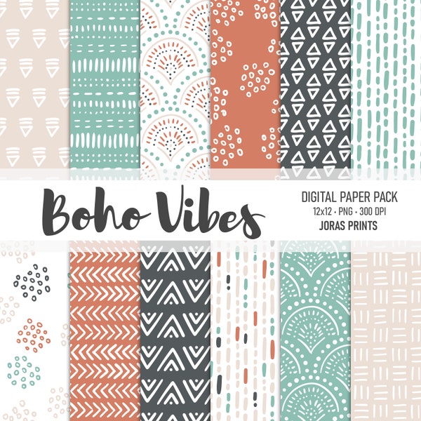 Boho Digital Paper, Doodles Scrapbook Paper, Hand drawn Patterns, Junk Journal, Commercial Use, Pastel Coral Mint Aqua Blue Pink Green Gray