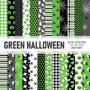 Green Halloween Digital Paper Ghost Scrapbook Paper Green Spider Web Halloween Background Black Cat Pumpkin Black Gray Commercial Use
