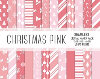 Pink Christmas Digital Paper, Scrapbook Paper, Seamless Pattern Background Snowflake Tree Candy Cane Ornament Holly Printable Commercial Use