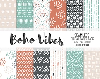 Boho Digital Paper, Doodles Scrapbook Paper, Seamless Patterns, Hand Drawn, Commercial Use, Pastel, Blue, Pink, Green, Mint, Cream, Neutral
