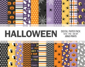 May include: A digital paper pack with 12 Halloween themed patterns. The patterns include pumpkins, candy corn, ghosts, spiders, and black cats. The text "HALLOWEEN" and "DIGITAL PAPER PACK" is included in the image.