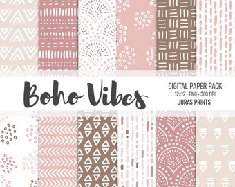 Boho Digital Paper, Doodles Scrapbook Paper, Hand Drawn Patterns, Junk Journal, Commercial Use, Pink Brown Cream Neutral Bohemian Paper Pack