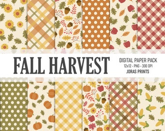 May include: A digital paper pack with 12 fall harvest themed patterns. The patterns include sunflowers, plaid, acorns, polka dots, apples, pumpkins, corn, and more. The pack is 12x12 inches and 300 DPI.  Joras Prints.