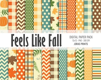 May include: A digital paper pack with 12 fall-themed patterns. The patterns include pumpkins, leaves, polka dots, plaid, and chevron designs in orange, brown, green, blue, and white.