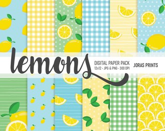 Lemons Digital Paper Lemon Digital Scrapbook Paper Lemon Background Gingham Pattern Yellow Green Blue Junk Journal Paper Commercial Use