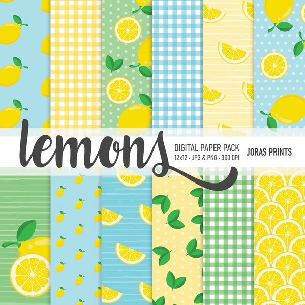 Lemons Digital Paper Lemon Digital Scrapbook Paper Lemon Background Gingham Pattern Yellow Green Blue Junk Journal Paper Commercial Use