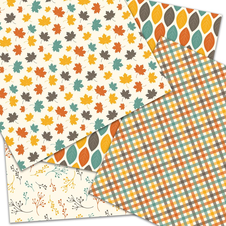 May include: A collection of patterned paper sheets featuring autumn-themed designs. The patterns include maple leaves in various colors, leaf shapes, a plaid pattern, and a floral design. The color palette includes shades of orange, yellow, brown, and teal.
