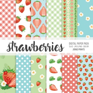 Fragola Carta digitale Stampabile Scrapbook Carta Fragola Floreale Sfondo Fiori Picnic Gingham Foglie Estate Uso commerciale