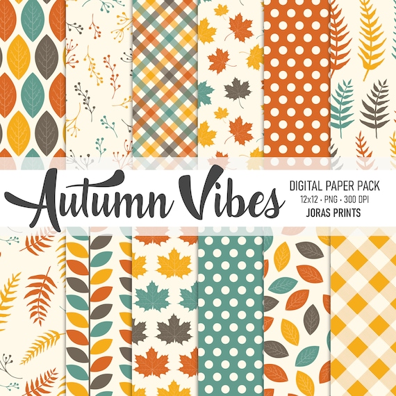 Fall Digital Paper, Scrapbook Paper, Autumn Digital Paper Pack, Leaves, Plaid, Digital Pattern Paper, Printable, Junk Journal Commercial Use