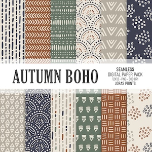 May include: A digital paper pack with 12 seamless patterns in autumnal colors. The patterns feature geometric shapes, dots, and lines in shades of brown, green, beige, and navy blue. The text "AUTUMN BOHO" and "SEAMLESS DIGITAL PAPER PACK" is included in the image.