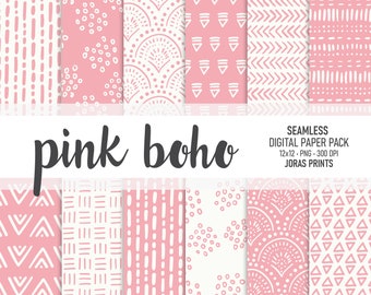 Pink Boho Digital Paper Seamless Patterns Boho Hand Drawn Scrapbook Paper Digital Commercial Use Background Boho Paper Pack Scandi Doodles