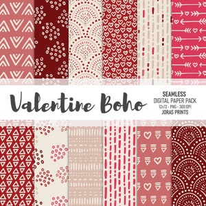 Carta digitale San Valentino Carta per album Boho Carta cuore amore Carta disegnata a mano Modello senza cuciture Sfondo Diario spazzatura stampabile Uso commerciale