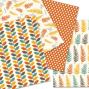 May include: A collection of patterned paper sheets featuring fall-themed designs. The patterns include leaf and fern motifs in shades of orange, yellow, teal, and brown, along with a polka dot pattern. The paper has a cream-colored background.