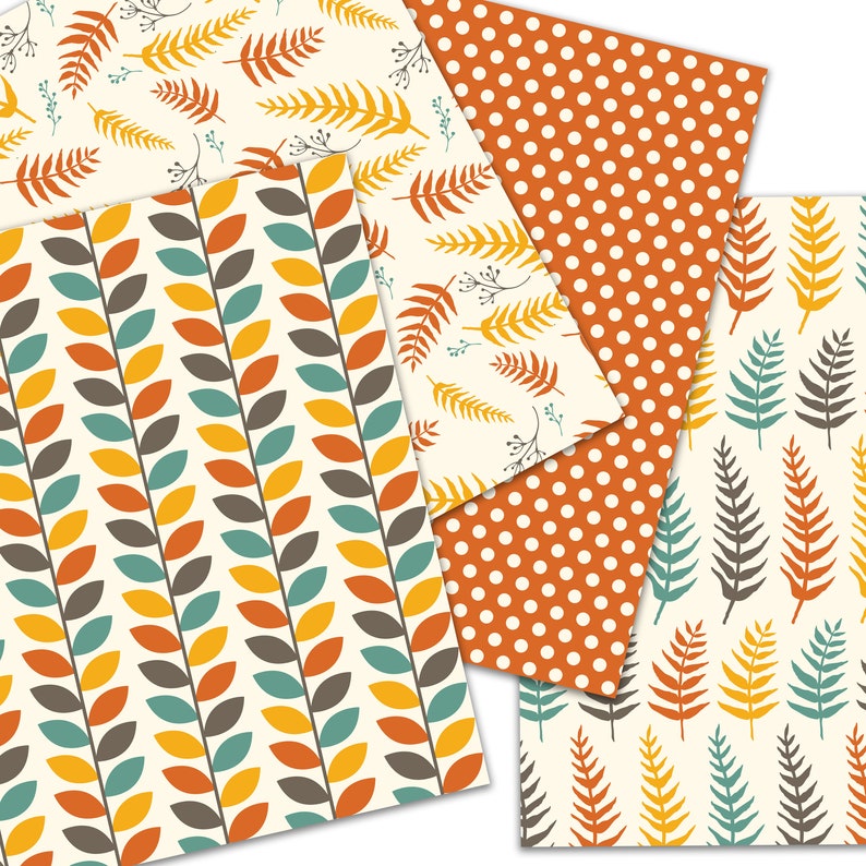 May include: A collection of patterned paper sheets featuring fall-themed designs. The patterns include leaf and fern motifs in shades of orange, yellow, teal, and brown, along with a polka dot pattern. The paper has a cream-colored background.