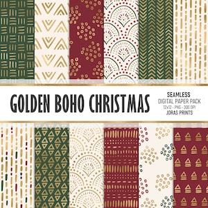 Christmas Digital Paper Gold Boho Scrapbook Paper Pack Seamless Pattern Hand Drawn Background Printable Junk Journal Commercial Use