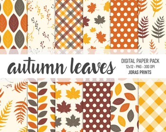 Fall Digital Paper, Scrapbook Paper, Autumn Digital Paper Pack, Leaves, Plaid, Digital Pattern Paper, Printable, Junk Journal Commercial Use