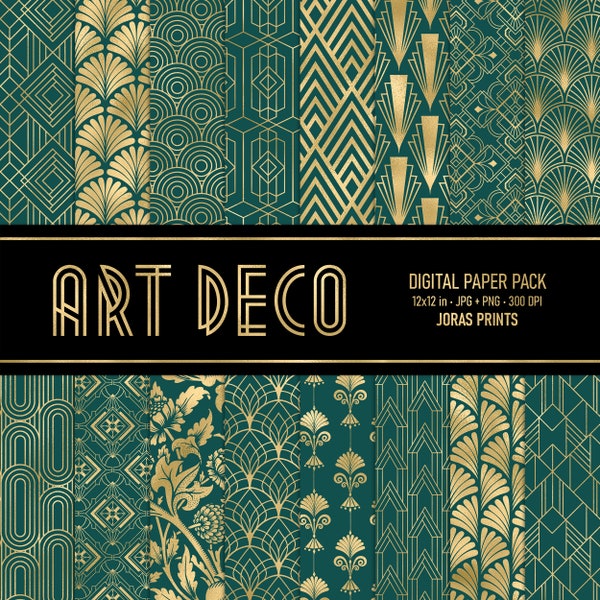 Art Deco Digitaal Papier, Scrapbook Paper Pack, Retro Art Deco Patronen Art Nouveau 1920s Teal Gold Printable Junk Journal Commercieel Gebruik