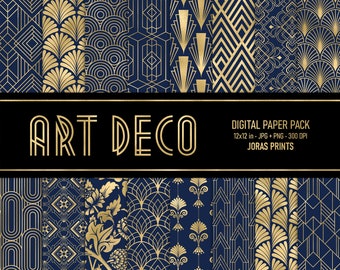 Art Deco Digital Paper, Scrapbook Paper Pack, Retro Art Deco Patterns Art Nouveau 1920s Navy Blue Gold Printable Junk Journal Commercial Use