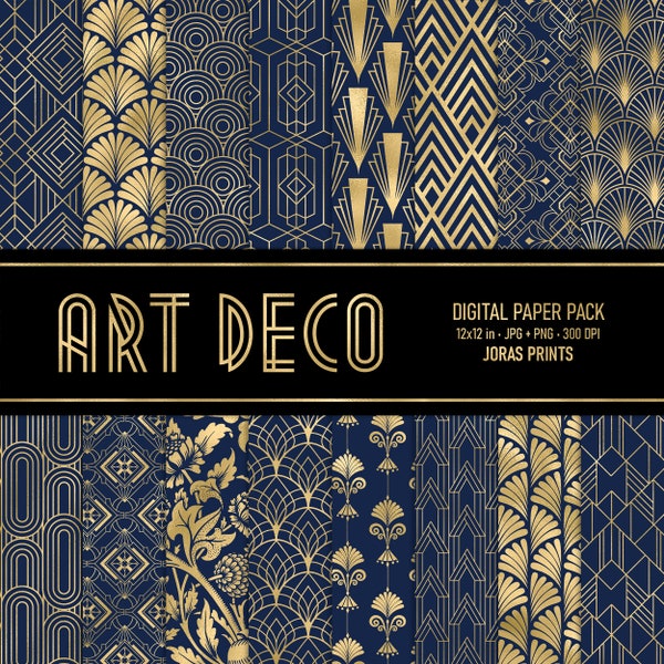 Art Deco Digitaal Papier, Scrapbook Paper Pack, Retro Art Deco Patronen Art Nouveau 1920s Navy Blue Gold Afdrukbare Junk Journal Commercieel Gebruik