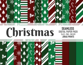 Christmas Digital Paper, Scrapbook Paper, Seamless Pattern Snowflake Tree Candy Cane Ornaments Holly Red Green Printable Commercial Use