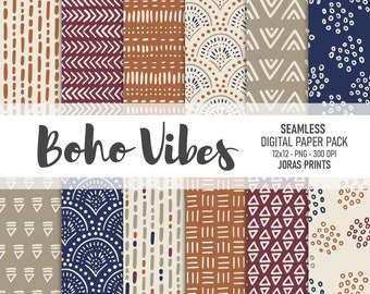 Boho Digital Paper, Doodles Scrapbook Paper,  Seamless Patterns Hand Drawn Commercial Use Purple Blue Brown Tan Cream Boho Pattern