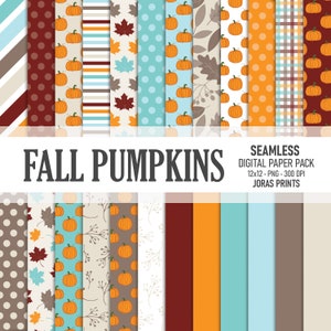 Fall Digital Paper, Thanksgiving Scrapbook Paper, Seamless Pattern Pumpkin Leaves Autumn Backgrounds Printable Junk Journal Commercial Use