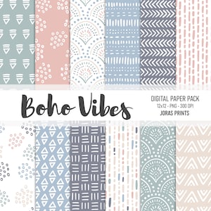 Boho Digital Papier, Doodles Scrapbook Papier, handgezeichnete Muster, Junk Journal, kommerzielle Nutzung, Pastell, Blau, Pink, Grün, Creme, Neutral