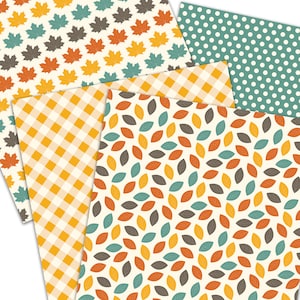 May include: A collection of patterned paper sheets with autumn-themed designs. The patterns include maple leaves in various colors, a yellow and white gingham, teal polka dots, and a pattern of colorful leaves. The papers are ideal for scrapbooking and craft projects.