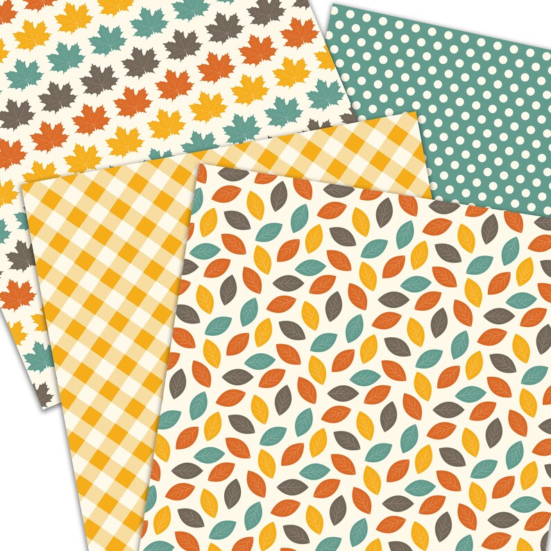 May include: A collection of patterned paper sheets with autumn-themed designs. The patterns include maple leaves in various colors, a yellow and white gingham, teal polka dots, and a pattern of colorful leaves. The papers are ideal for scrapbooking and craft projects.