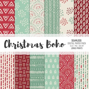 Christmas Digital Paper Boho Scrapbook Paper Digital Paper Pack Seamless Pattern Hand Drawn Background Printable Junk Journal Commercial Use