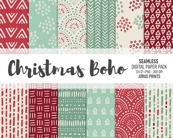 Puede incluir: Un conjunto de 10 patrones de papel digital con un tema navideño boho. Los patrones incluyen colores rojo y verde con formas geométricas, puntos y líneas.