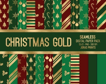 Gold Christmas Digital Paper, Scrapbook Paper, Seamless Pattern Snowflake Tree Candy Cane Ornaments Holly Red Green Printable Commercial Use