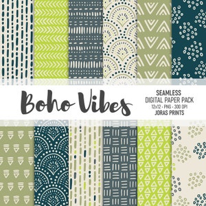May include: A digital paper pack with 12 seamless patterns in a boho style. The patterns feature geometric shapes, dots, and lines in shades of green, blue, and beige. The text "Boho Vibes" and "Seamless Digital Paper Pack" is included in the image.