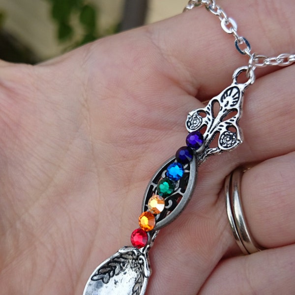 Chakra Pendant, Metaphysical necklace, Silver spoon pendant, spoon necklace, Chakra Spoon, Reiki Jewelry, Silver Spoon