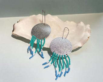 Seed beads silver round circle pendant earring | 925 sterling silver
